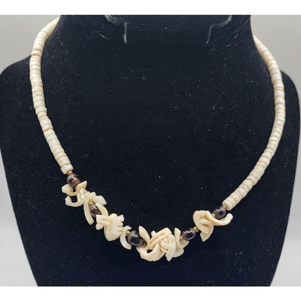 Estate Hawaiian Puka Shell Coconut Shell Beaded Necklace 16in - Picture 4 of 6